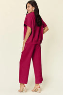Double Take Full Size Texture Half Zip Short Sleeve Top and Pants Set Hot Pink