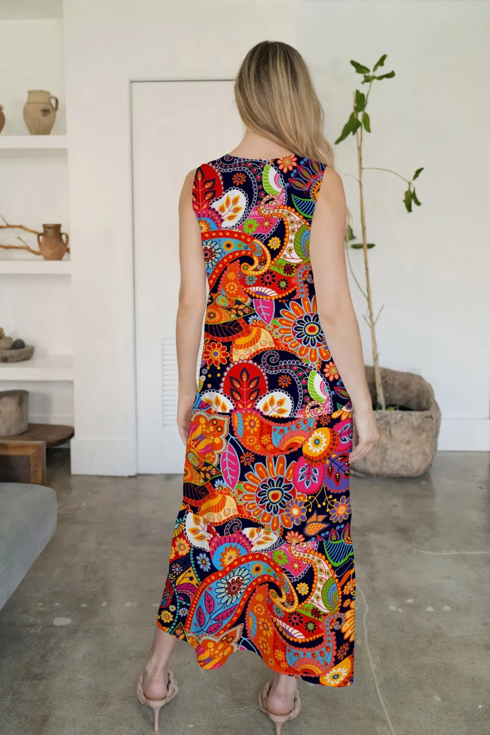 FAM-FAM Tiered V-Neck Sleeveless Dress - Opaque, Slightly Stretchy, 95% Polyester Blend