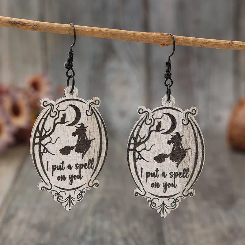 Elegant Witch Wooden Dangle Earrings - Unique 2.8" Alloy & Wood Jewelry