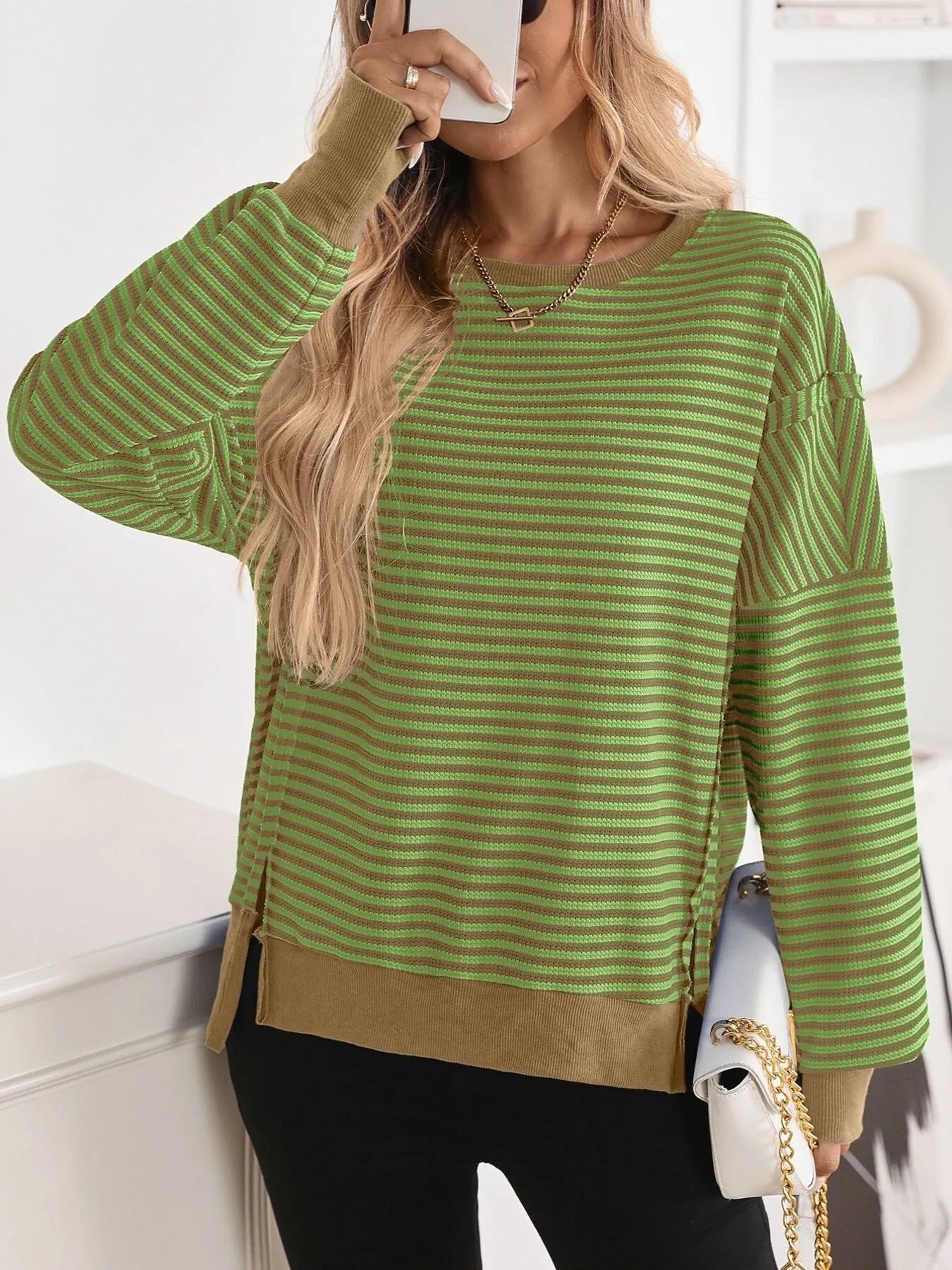 Oversized Exposed Seam Striped Contrast Sweatshirt - Stretchy Viscose Blend, Trendy Comfort