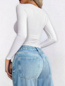 Scoop Neck Long Sleeve Fitted T-Shirt for Women - Ribbed, Moderate Stretch, Polyester Blend - Store 42