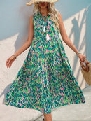 Perfee Tassel Printed Tie Neck Sleeveless Dress Turquoise