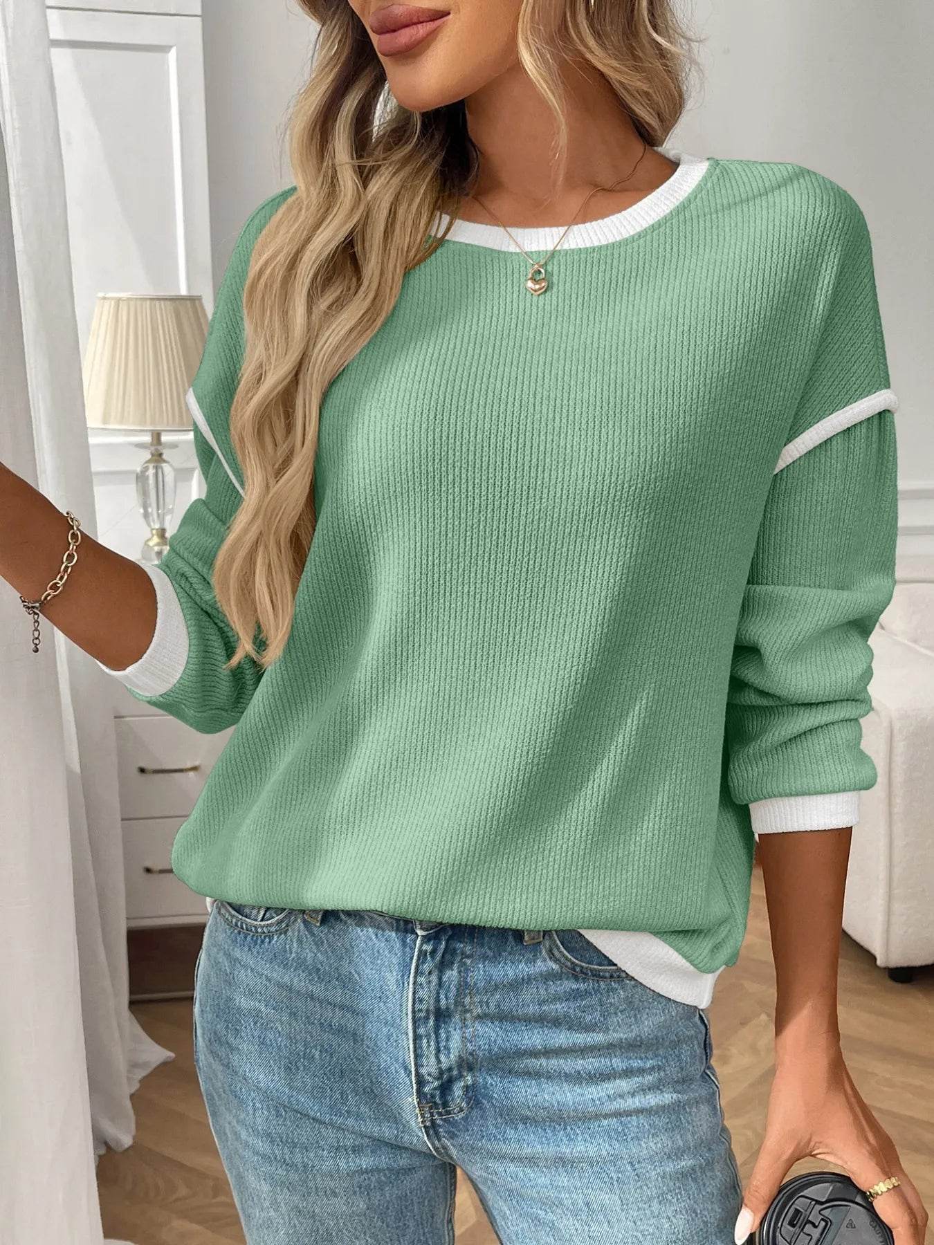 Slightly Stretchy Ribbed Long Sleeve Top with Contrast Trim - Elegant Basic Style - Store 42