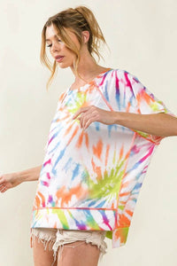 BiBi Tie Dye Print Jersey Top with Unique Uneven Hem - Casual Bohemian Style - Store 42