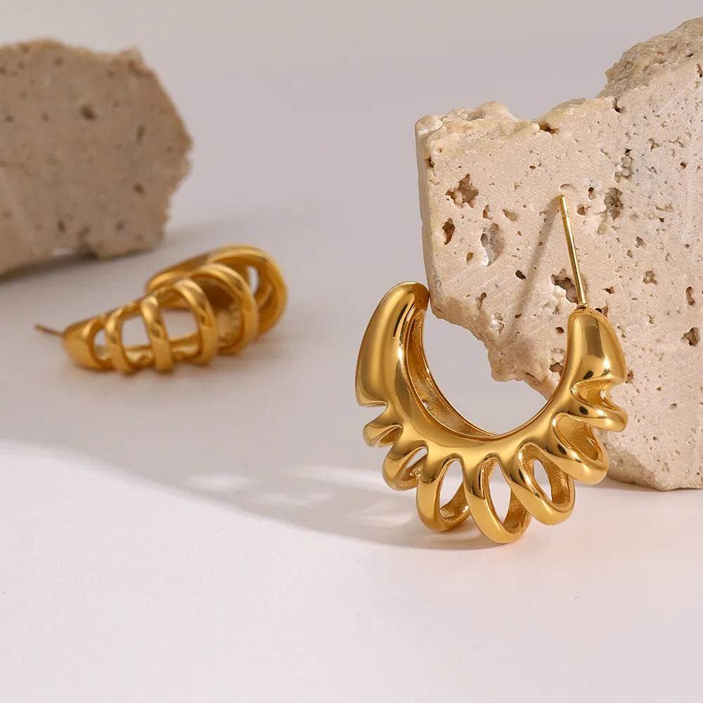 Elegant 18K Gold-Plated Stainless Steel Cutout C-Hoop Earrings - Stylish & Lightweight - Store 42