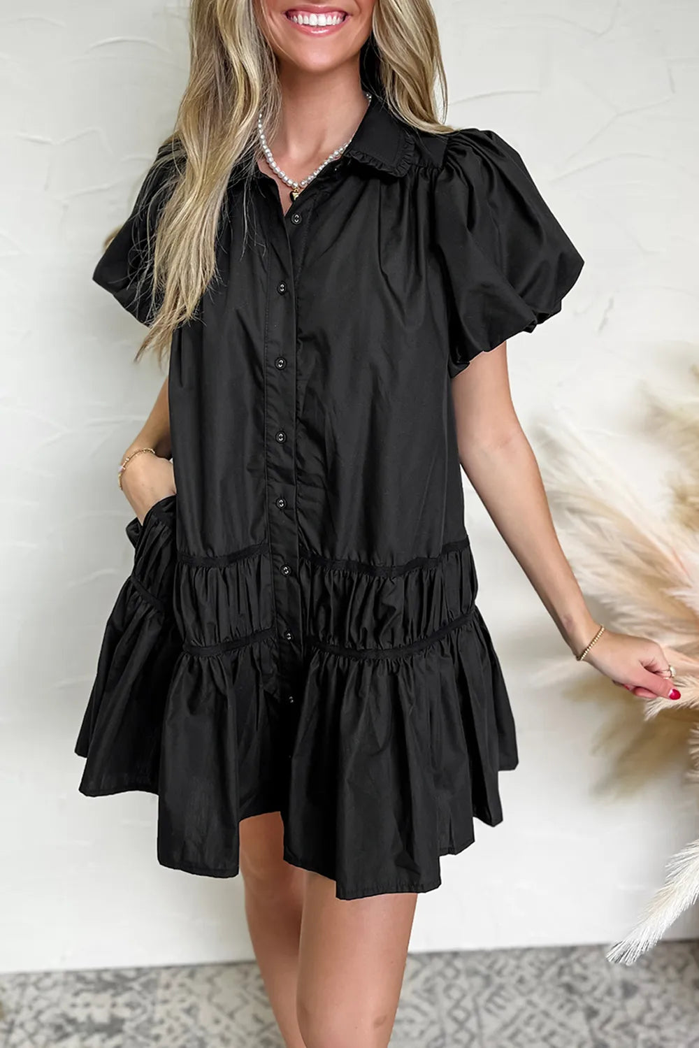 Button Down Ruffle Hem Dress with Puff Sleeves, 100% Cotton, Opaque Fabric