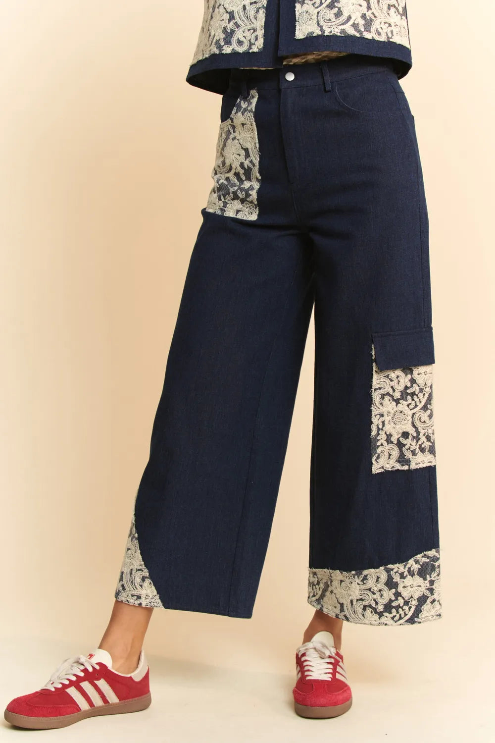 Davi & Dani Wide Leg Jeans with Lace Applique Detail - Trendy Feminine Style in 100% Cotton