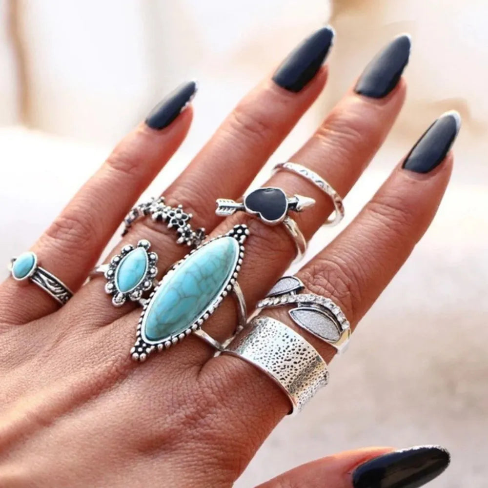 Turquoise Alloy 8-Piece Ring Set - Stylish Jewelry Collection for Unique Outfits