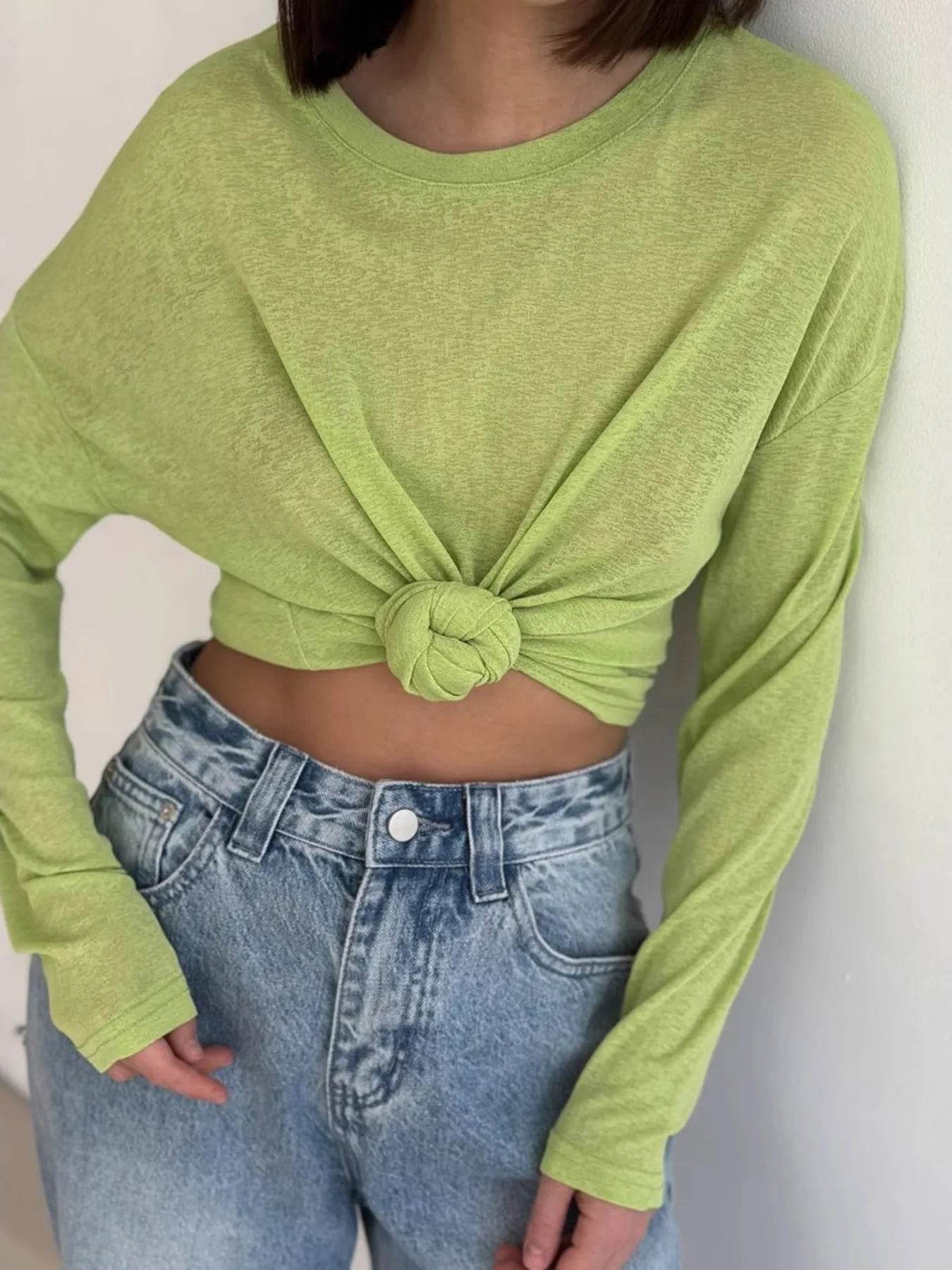 Slightly Stretchy Knotted Long Sleeve T-Shirt in Sheer 100% Polyester - Trendy Basic Style