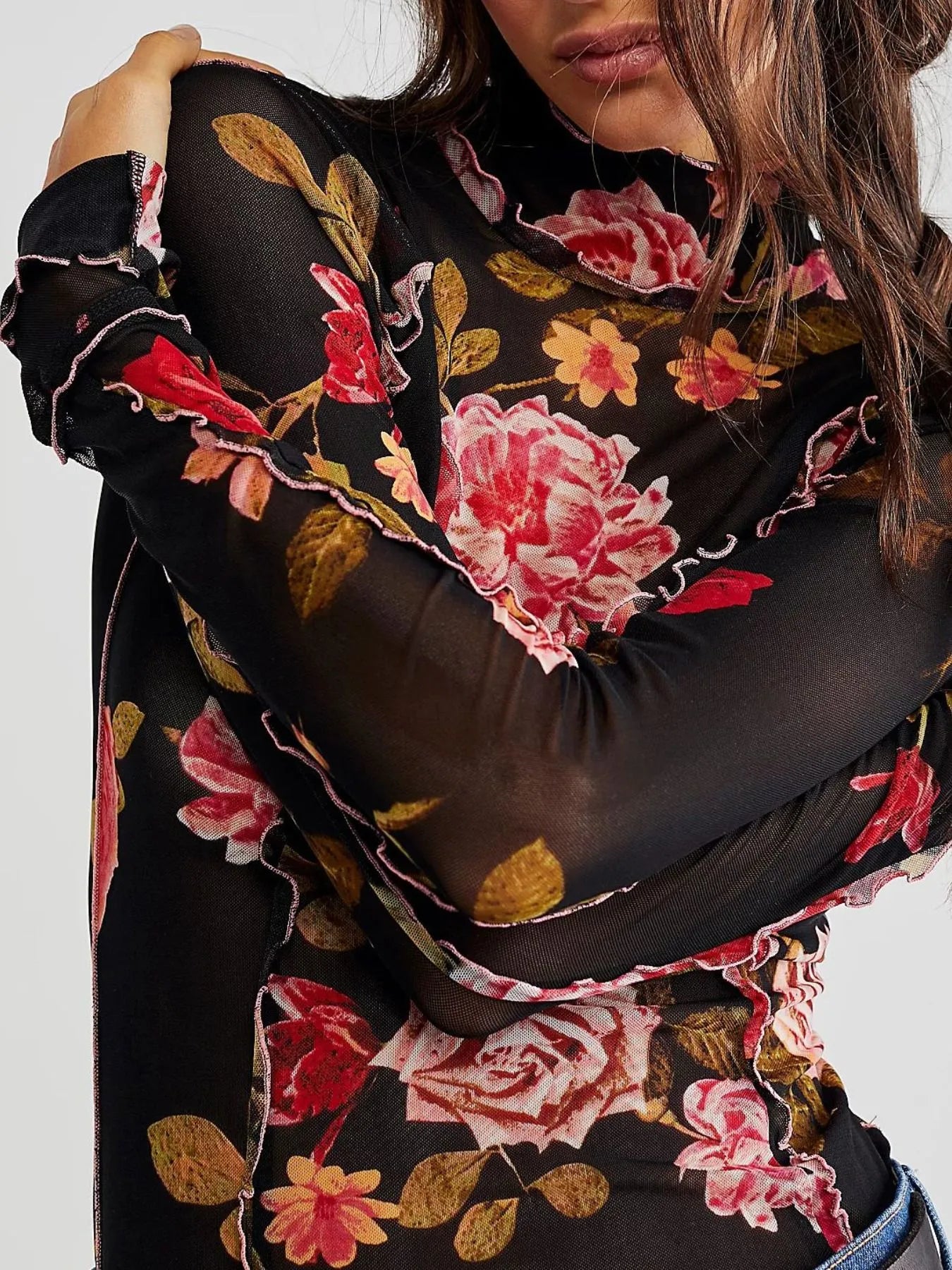 Sheer Floral Print Mock Neck Long Sleeve Top in Polyester-Cotton Blend