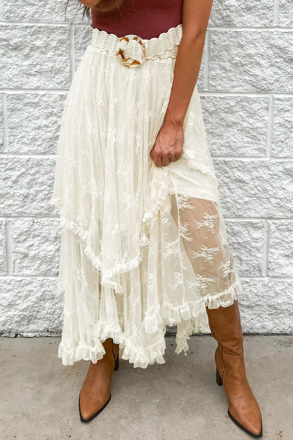Trendy Lace Tiered Midi Skirt - Semi-Sheer, Partially Lined, Machine Washable