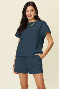Double Take Full Size Texture Short Sleeve T-Shirt and Drawstring Shorts Set Deep Teal