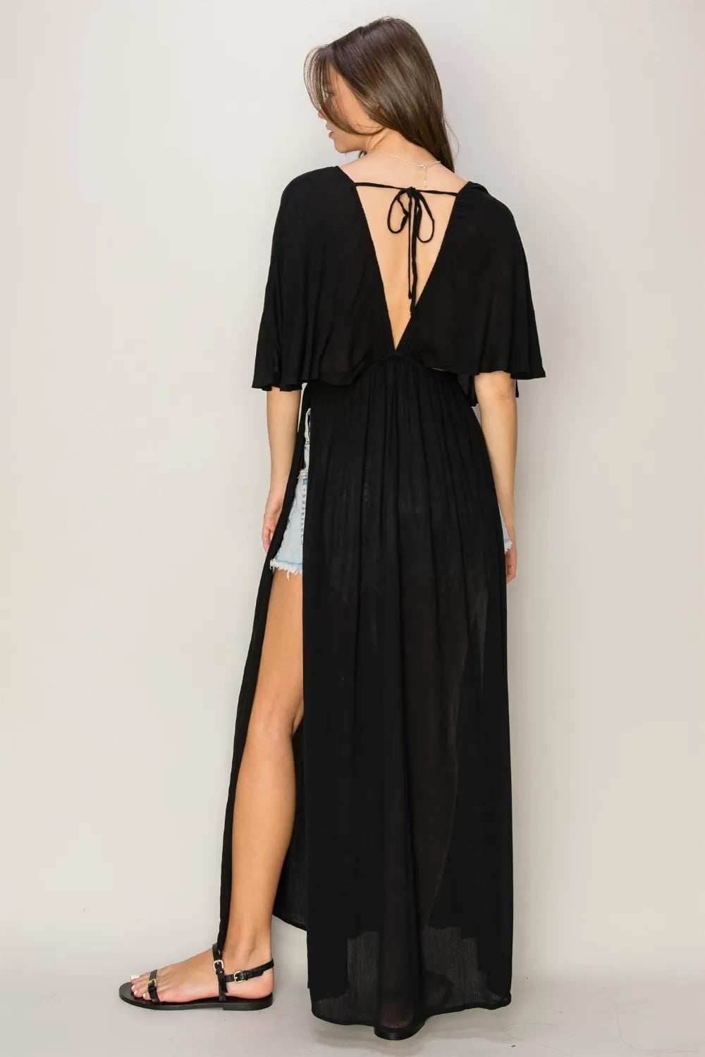 HYFVE Plunging Neck Backless Tie Back Maxi Dress with Flowing Skirt and Side Slits