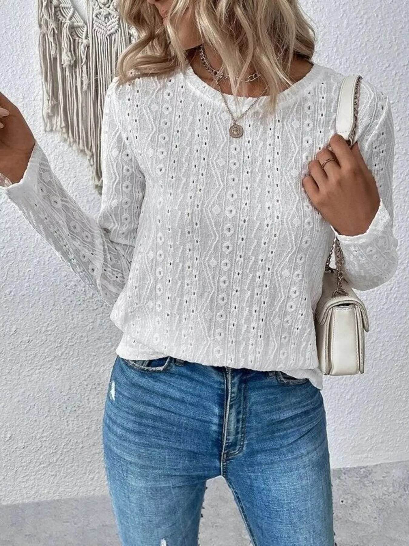 Full Size Eyelet Round Neck Long Sleeve Blouse Plus Size - Store 42