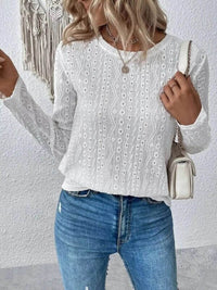 Full Size Eyelet Round Neck Long Sleeve Blouse Plus Size - Store 42