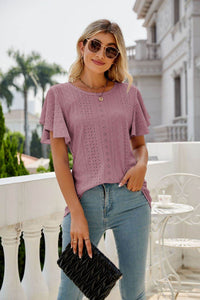 Trendsi Eyelet Flutter Sleeve Semi-Sheer Round Neck Casual Top - 100% Polyester - Store 42