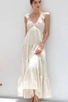 Ruffled V-Neck Tiered Dress Beige