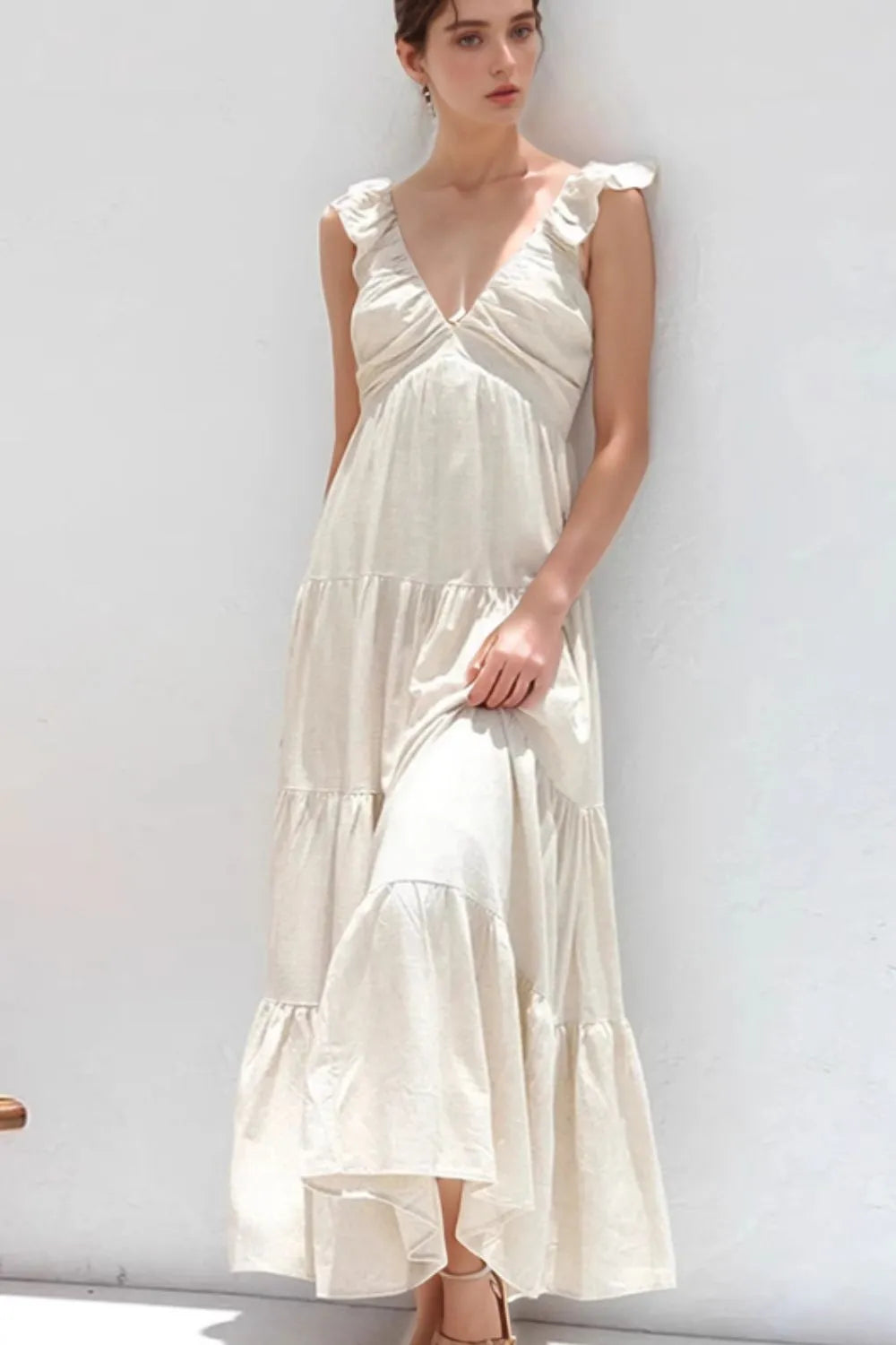 Ruffled V-Neck Tiered Dress in 100% Cotton - Elegant Smocked Design, Perfect for Any Occasion