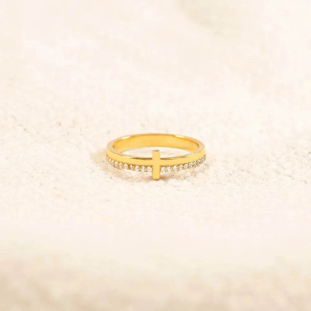 18K Gold-Plated 925 Sterling Silver Cross Ring with Zircon Stones - Elegant Religious Jewelry