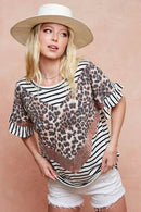 BiBi Stripe Rayon Span Knit Color Block Top With Leopard - Store 42