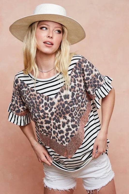 BiBi Stripe Rayon Span Knit Color Block Top With Leopard - Store 42
