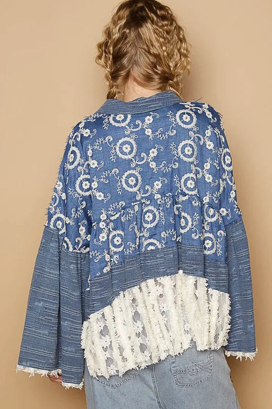 Lace Hem Embroidered Long Sleeve Shirt - Semi-Sheer, Elegant Tiered Design by Trendsi