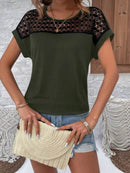 Lace Cutout Round Neck Short Sleeve T-Shirt for Women - 60% Polyester Casual Top - Store 42