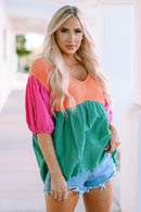 Trendsi Color Block V-Neck Babydoll Blouse with Three-Quarter Sleeves in 100% Cotton - Store 42