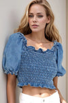 Puff Sleeve Smocked Cropped Denim Top Medium