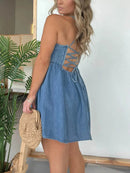 Full Size Lace Up Halter Neck Denim Dress Plus Size - Store 42