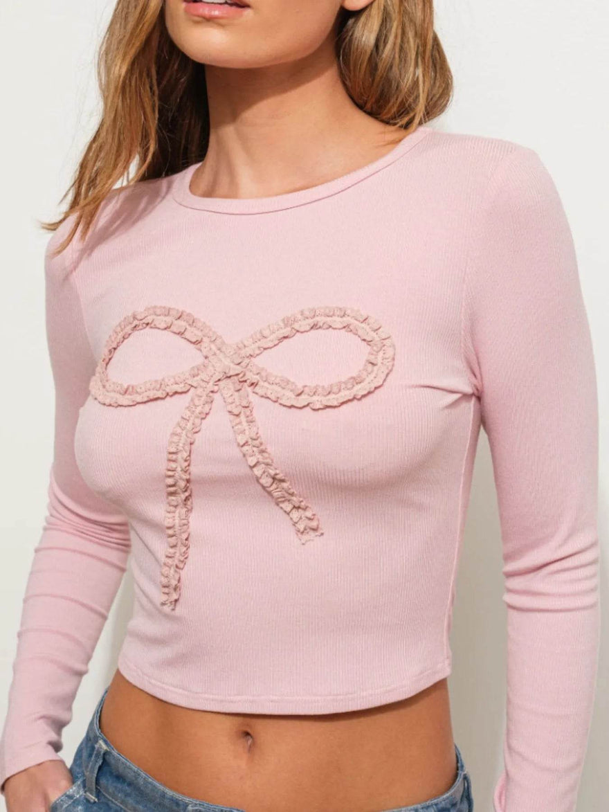 Fitted Long Sleeve T-Shirt with Bow Detail - 100% Polyester, Slightly Stretchy Style