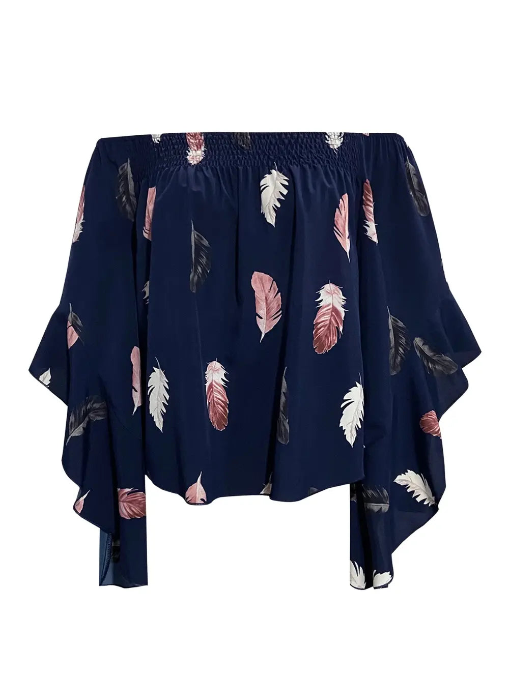 Chic Feather Print Smocked Off-Shoulder Blouse for Effortless Style - Opaque, 95% Polyester