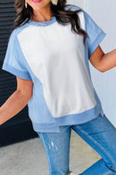 Stylish Color Block Crew Neck T-Shirt with Exposed Seams - Soft Cotton Blend, Slightly Stretchy - Store 42