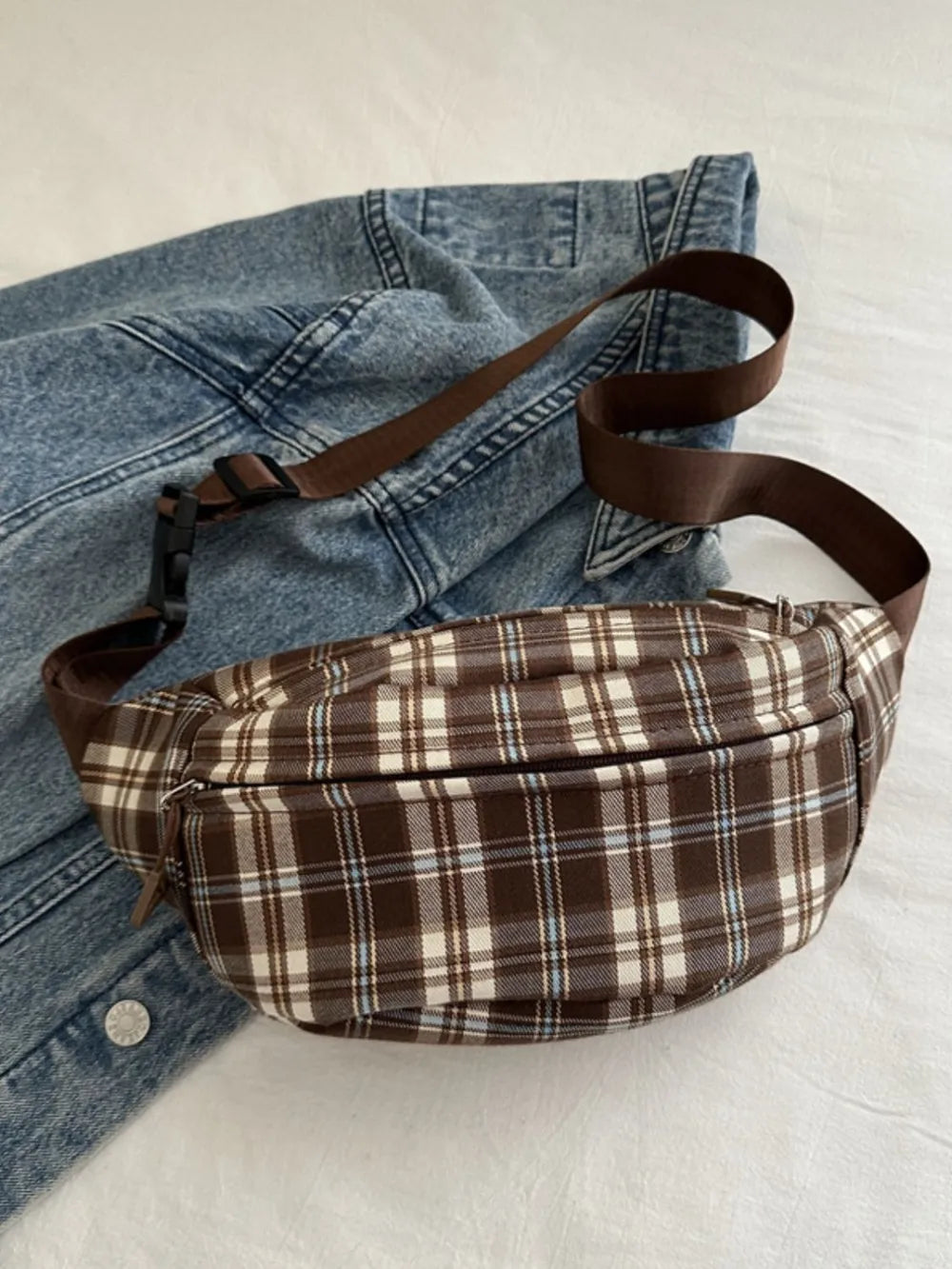 Trendsi Large Plaid Adjustable Strap Crossbody Bag - Durable Canvas & Polyester Material