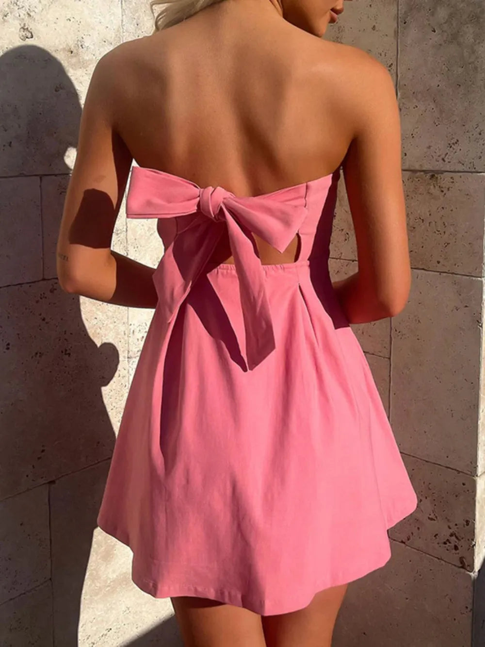 Devine Bow Back Tube Mini Dress - Opaque, Slightly Stretchy, 100% Polyester, Chic & Stylish
