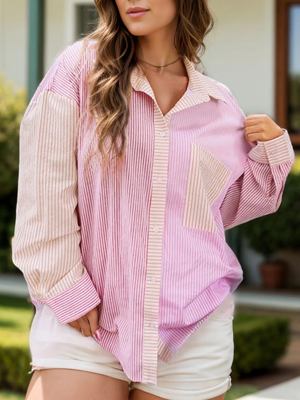 Plus Size Striped Long Sleeve Shirt with Collared Neck and Pocket - 100% Polyester, Opaque