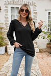 Trendsi Eyelet Notched Neck Long Sleeve Balloon Sleeve Blouse - Chic Solid Polyester Top - Store 42