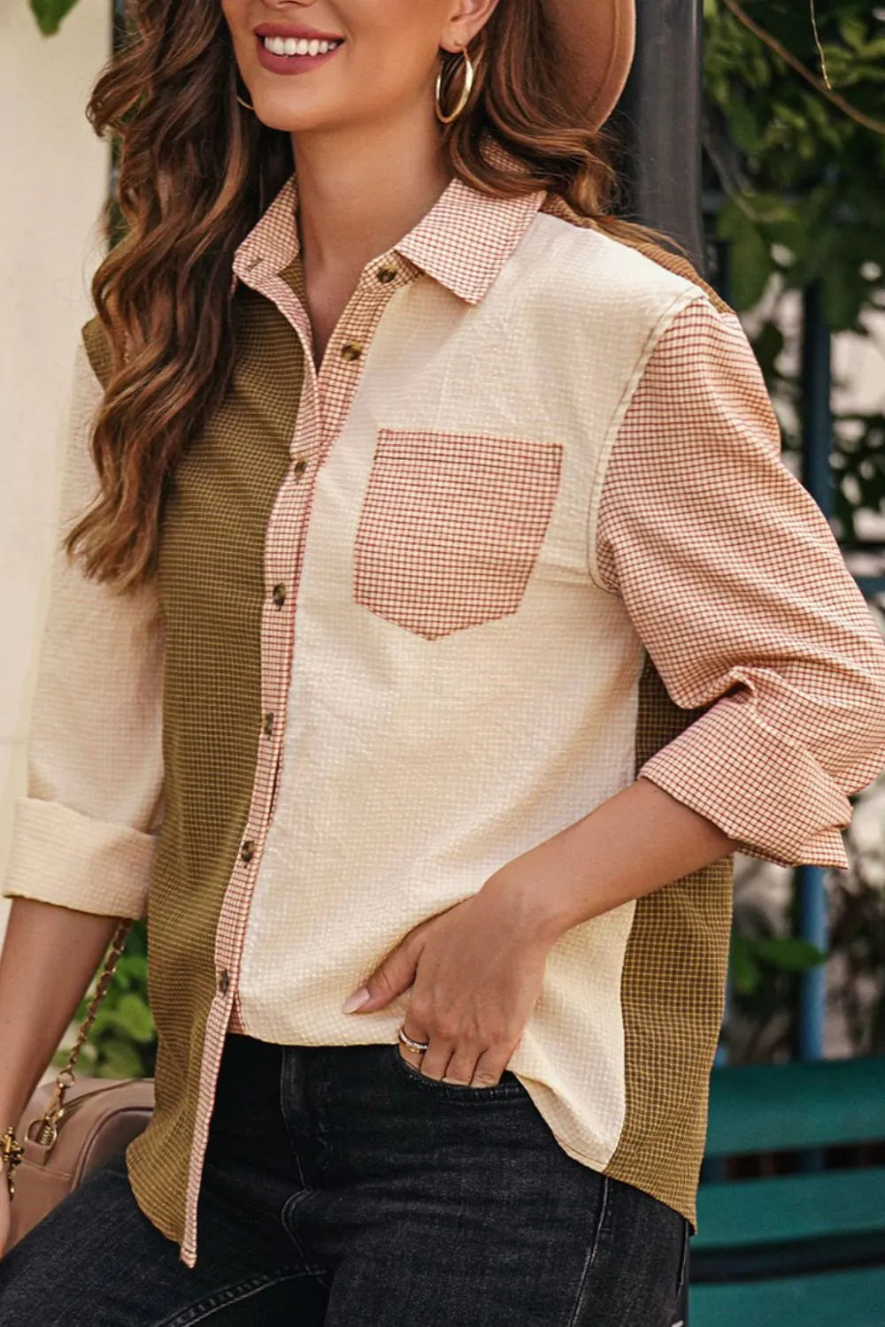Stylish Contrast Plaid Button Down Shirt for Women - Long Sleeve, Pocketed, Slightly Stretchy