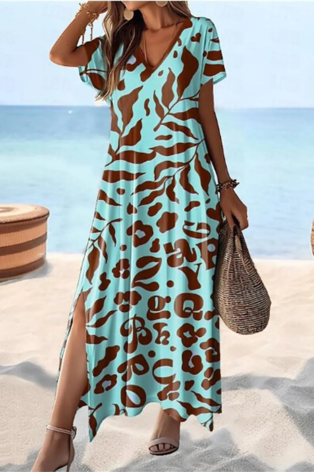 Full Size V-Neck Short Sleeve Printed Slit Tee Dress Plus Size