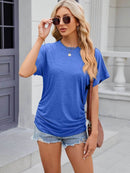 Slightly Stretchy Ruched Round Neck Short Sleeve T-Shirt for Women - Casual Basic Tops - Store 42