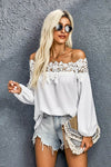 Chic Off-Shoulder Blouse with Lace Trim and Balloon Sleeves - Textured Solid Design - Store 42