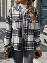 Plaid Button Up Drop Shoulder Jacket Black