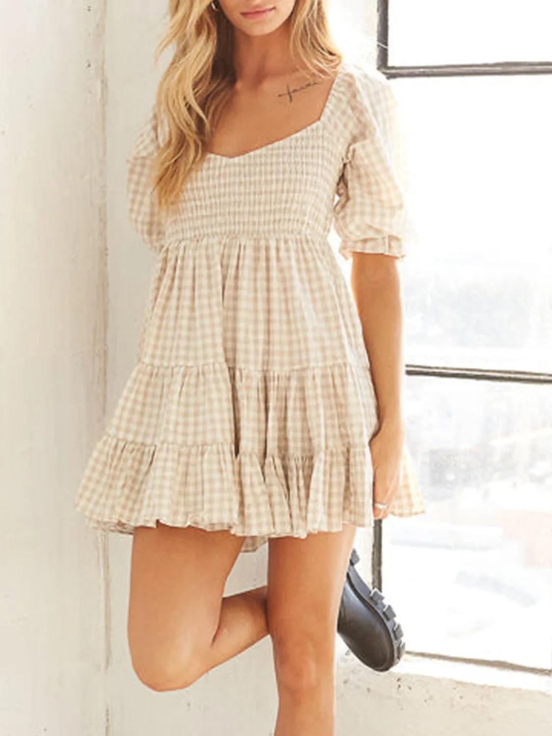 Ruffled Hem Plaid Half Sleeve Mini Dress Pastel Yellow