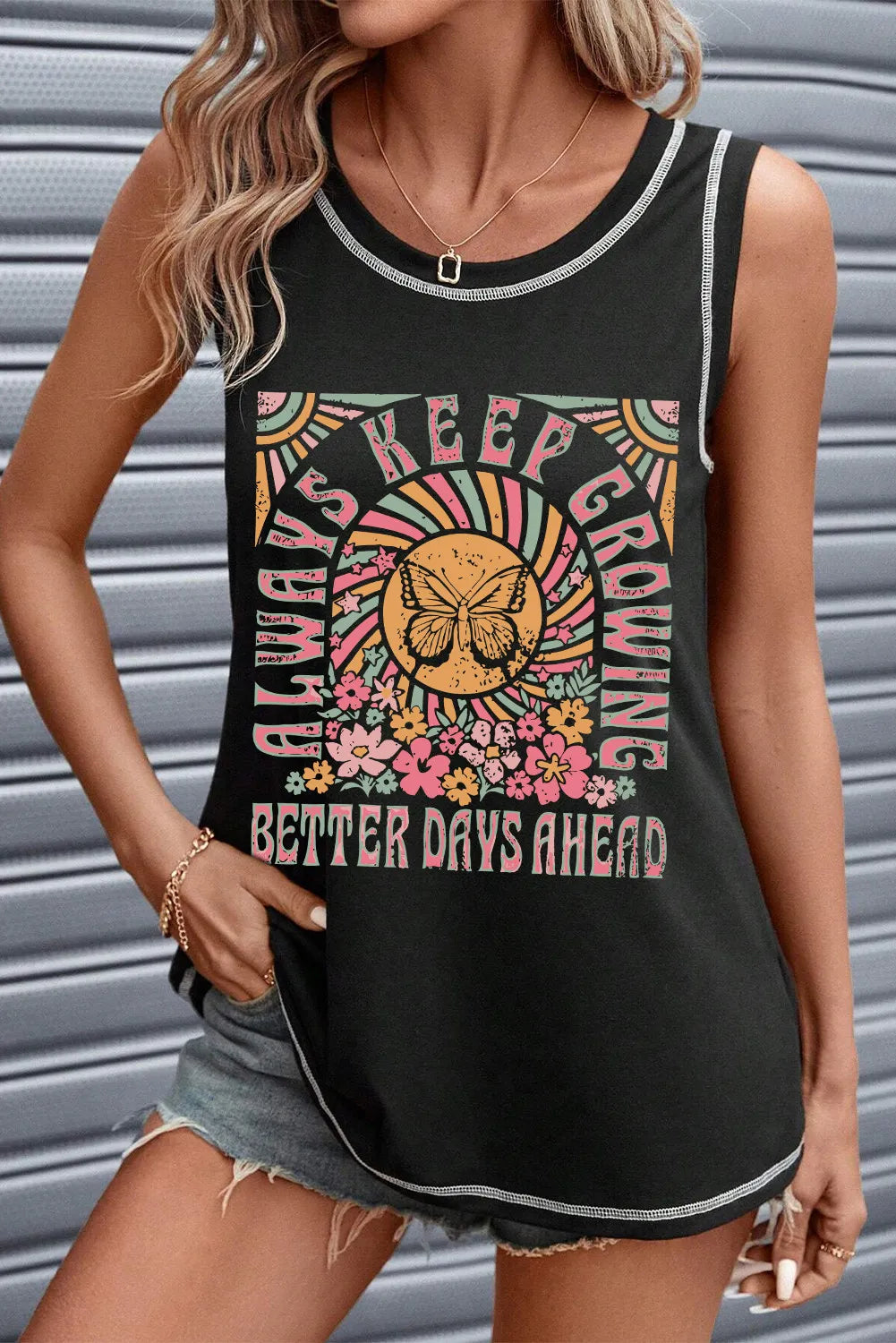 Slightly Stretchy Graphic Round Neck Tank Top - Opaque, Casual Basic Wear by Trendsi
