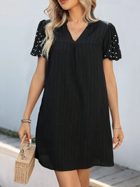 Textured V-Neck Short Sleeve Mini Dress Black