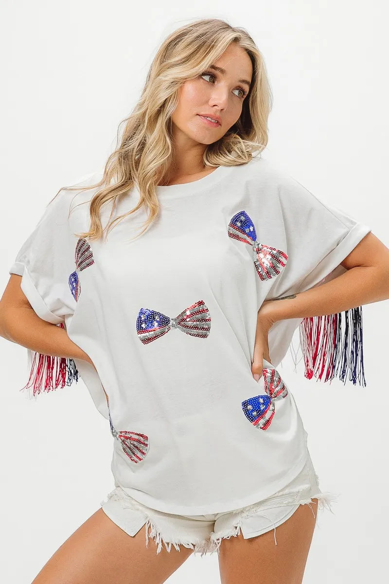 Stunning American Flag Sequin Ribbon T-Shirt for Patriotic Celebrations – 100% Cotton, Casual Style