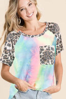 Trendy Tie Dye Knit Top with Leopard Raglan Sleeves - Casual & Edgy Style for Women - Store 42