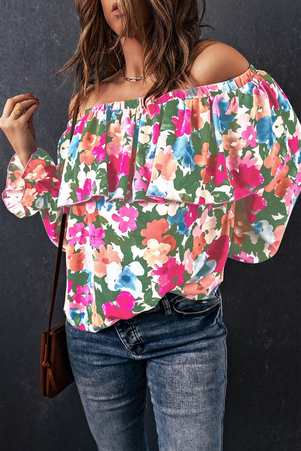 Floral Off-Shoulder Layered Blouse with Flounce Sleeves - Casual 100% Polyester Top