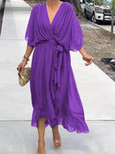Full Size Flowy Tie Front Midi Dress with Flutter Sleeves Plus Size - Store 42