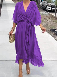 Full Size Flowy Tie Front Midi Dress with Flutter Sleeves Plus Size - Store 42